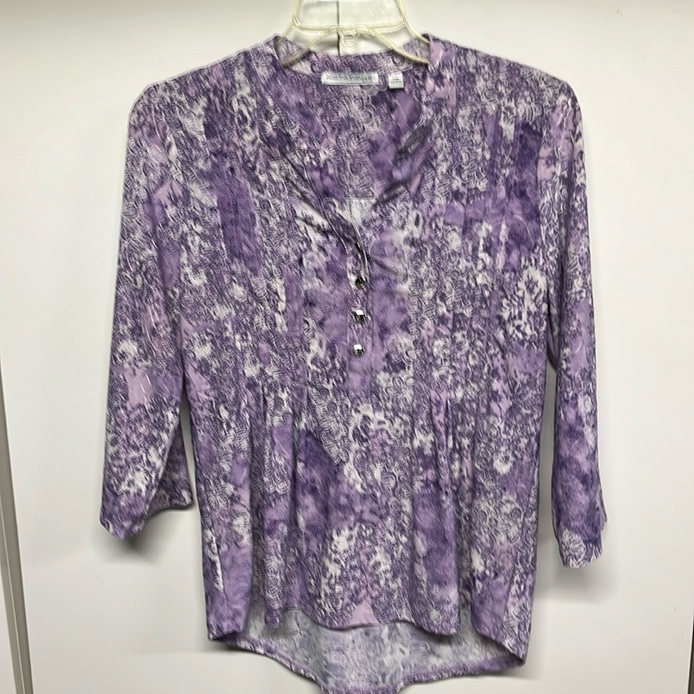 Notations Petite Purple Floral Blouse Roll Tab Sleeve Hi Low Hem Top PM